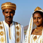 An Eritrean bride and groom, fully clothed in traditional modest attire, standing elegantly. The bride wears a vibrant 'Zuria' gown, richly adorned with intricate gold and white embroidery, complete with a matching embellished shawl. The groom is dressed in a dignified 'Kaba' or 'Shamma' cloak with subtle embroidery and traditional headwear. They are posed naturally against a soft, elegant backdrop, embodying the rich visual spectacle of Eritrean culture. Professional photography, high quality, safe for work, appropriate content, perfect anatomy, correct proportions, natural pose, well-formed hands, proper finger count, natural body proportions, family-friendly.