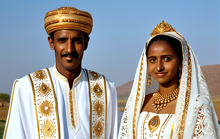An Eritrean bride and groom, fully clothed in traditional modest attire, standing elegantly. The bride wears a vibrant 'Zuria' gown, richly adorned with intricate gold and white embroidery, complete with a matching embellished shawl. The groom is dressed in a dignified 'Kaba' or 'Shamma' cloak with subtle embroidery and traditional headwear. They are posed naturally against a soft, elegant backdrop, embodying the rich visual spectacle of Eritrean culture. Professional photography, high quality, safe for work, appropriate content, perfect anatomy, correct proportions, natural pose, well-formed hands, proper finger count, natural body proportions, family-friendly.